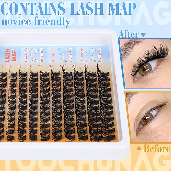 TOOCHUNAG Wispy Lash Clusters Eyelash Extensions Kit 10-18mm D Curly Eyelash Clusters Kit DIY Lash Extension Kit with Waterproof Individual Cluster Lashes, Lash Bond and Seal, Tweezers