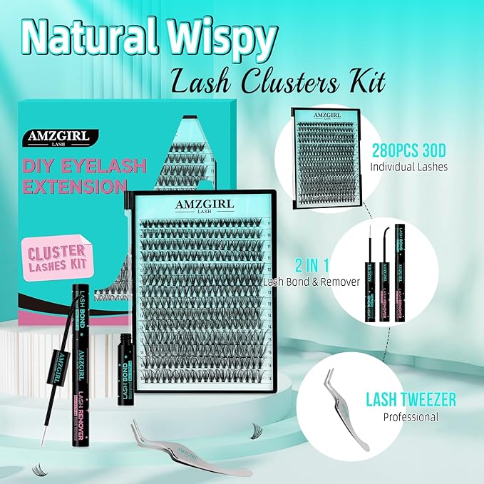 Lash Extension Kit 280PCS Eyelash Clusters 30D DIY Eyelash Extension Kit Individual Lashes Natural Lash Clusters Kit with Lash Bond and Remover, Lash Tweezers(D-Mix9-16mm Kit)