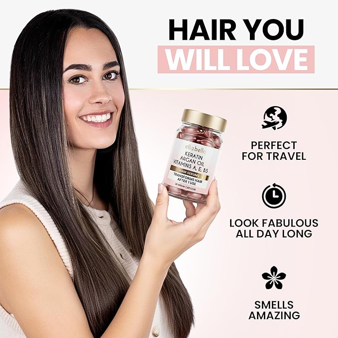 ELLA BELLA® Keratin Hair Serum with Argan Oil & Vitamins A, E, B5 – Anti-Frizz Hair Treatment & Night Repair – Hair Vitamins for Women for Smooth, Shiny, Frizz-Free Hair