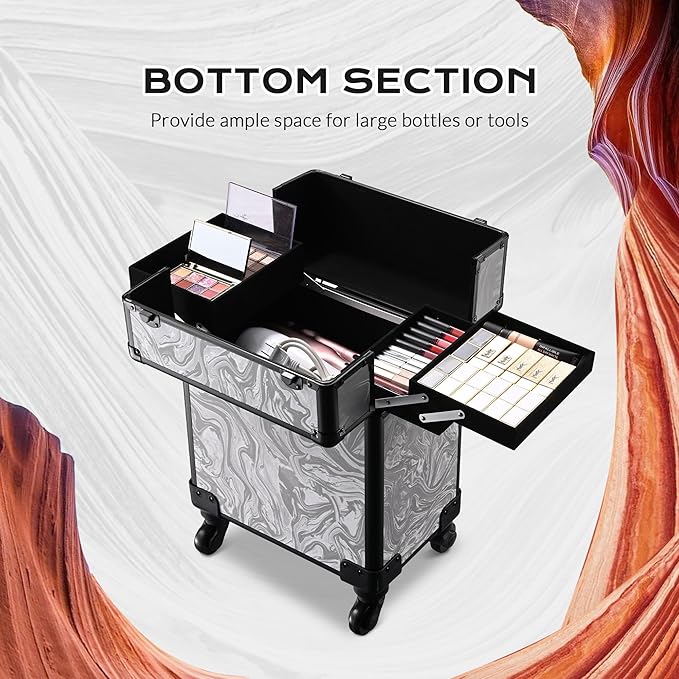 BYOOTIQUE Rolling Makeup Cart on Wheels Hairdressing Brush Bags Hair Tool Travel Suitcase For Nail Bar Studio Cosmetology Beautician Hairstylist Barbershop,CoyoteButtes Graystone