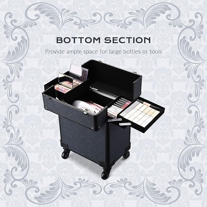 BYOOTIQUE Professional Makeup Train Case Organizer on Wheels Cosmetology Rolling Travel Storage Nail Tech Cart Hairdressing Brush Bags Tattoo Box for Beauty Salon,Rococo Midnight