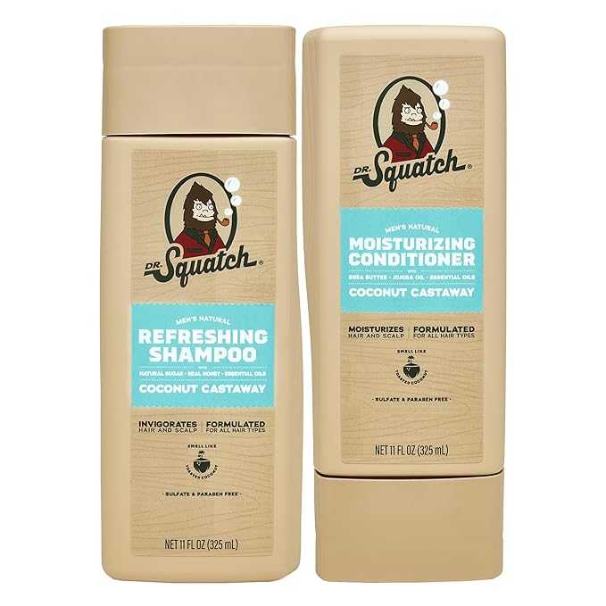 Dr. Squatch Natural Hair Bundle for Men - Healthy, Full Looking Hair - Coconut Castaway Shampoo (11 fl oz), Coconut Castaway Conditioner (11 fl oz)
