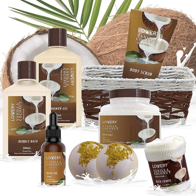 Gifts For Women Gift Basket for Women– 9 Piece Christmas Gifts Set of Vanilla Coconut Home Spa Set, Luxurious Holiday Bath and Body Sets Includes Fragrant Lotions, Extra Large Bath Bombs, Coconut Oil