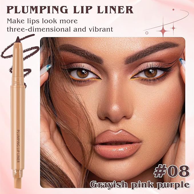 Matte Lip Liner, Plump Lipliner Pencil Crayon，Creamy Matte Finish with Silicone Smudger For Women, High-Pigment Smooth Formula for Sculpting &Contours Lip，Longwear，Lips Makeup，08#Grayish pink purple