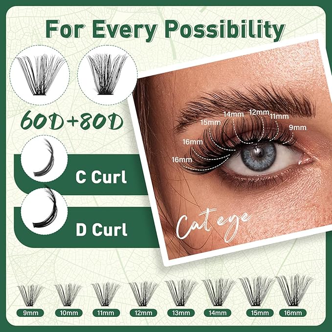 Lash Clusters 280Pcs Eyelash Clusters KEYYOU 60D+80D D Curl 9-16MIX Clusters Lashes Super Soft Wispy DIY Eyelash Extension at Home(60D+80D-D,9-16MIX)