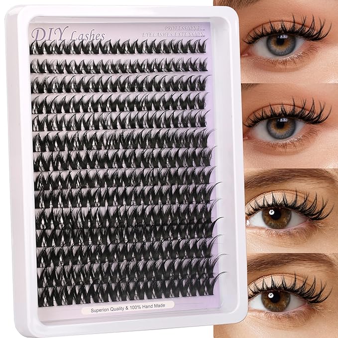 Lash Clusters Flora D Curl Lash DIY Volume Eyelash Extensions Kit Cat Eye Lashes Individual Lashes Ultra-Thin (0.05-0.07mm) Black Band 8-16MM Wispy Cat Eye Lashes for Self Application