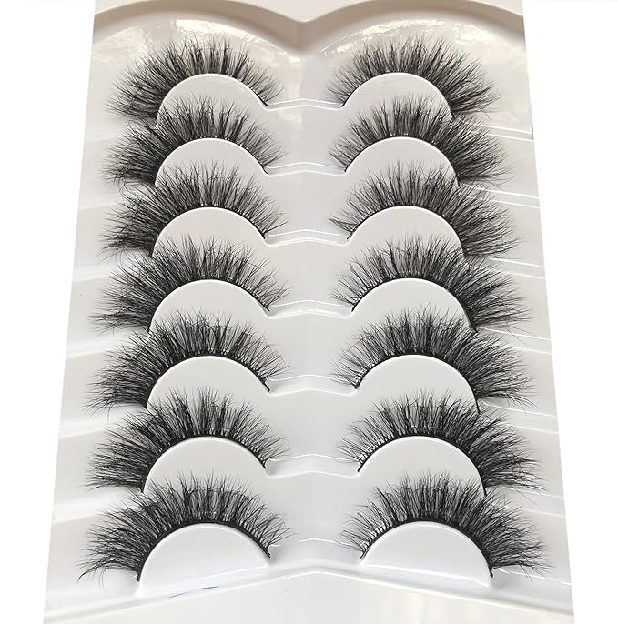 Pooplunch False Eyelashes Natural Cat Eye Look Wispy Volume Faux Mink Lashes 7 Pairs Pack 8D Soft Curly Fluttery Short Fake Eyelash Strips for Daily Use