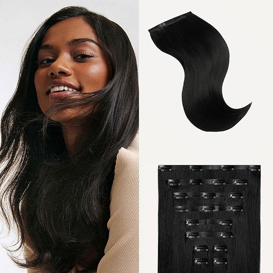 Luxy 100% Remy Human Hair - Seamless Clip-In Hair Extensions - Multi-Dimensional Color for Natural Blending, Adds Volume & Length 240 grams 24" Off Black Seamless