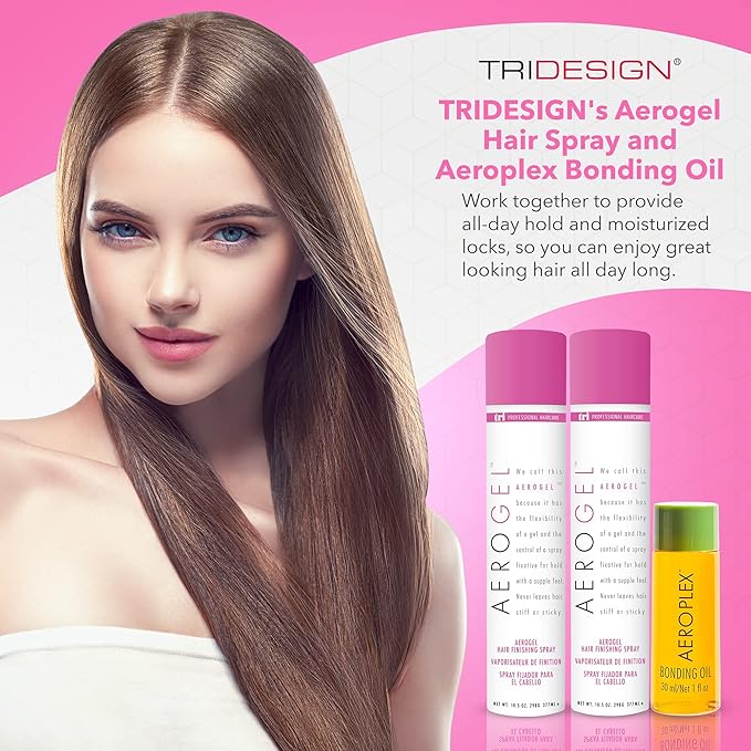 TRIDESIGN Aerogel Hairspray & Aeroplex Bonding Oil Bundle - Hair Finishing Spray for Volumizing, Control, Repair & Prevent Breakage for Dry, Damaged & Frizzy Hair - Pack of 3 (10.5 Oz & 1 Oz)