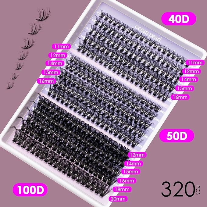 Ocean Pearl Lash Clusters 320pcs 11-20mm Lash Clusters Kit 40D+50D+100D Eyelashes, Lash Extension Kit, Lashes Clusters Eyelash Extensions Kit,Eyelash Clusters with Lash Bond&Seal&Lash Remover&Tweezers