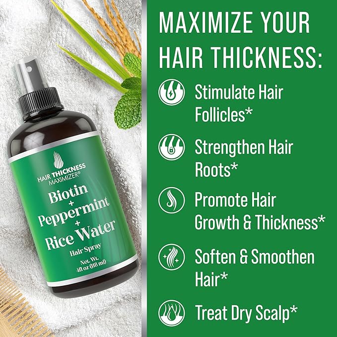 Biotin + Peppermint + Rice Water Spray For Hair Growth. Vegan Leave In Conditioner For Women, Men. Strengthens & Hydrates Thinning, Dry Hair for a Healthier-Looking Scalp