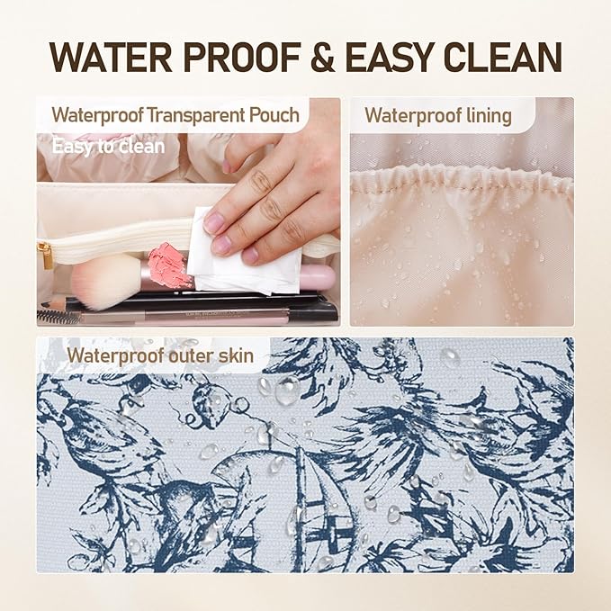 Large Capacity Cosmetic Bag for Women, Waterproof PU Leather Makeup Bag for Travel,Toiletry Bag Make up Organizer with Divider and Handle (Blue)