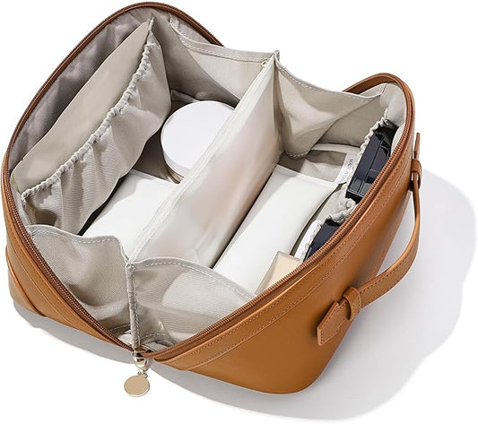 mibasies Flat Lay Open Travel Makeup Bag, Dual-Zipper Diagonal Cosmetic Bag, Large Capacity Waterproof Toiletry Bag for Women