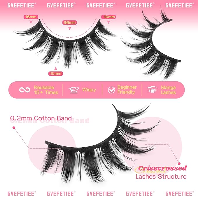 Manga Lashes 8 Pairs 15mm Wispy Spiky Anime False Eyelashes Natural Look 8D Volume Faux Mink Lashes for Asian Korean Japanese Cosplay Doll Eye Extensions Style by GVEFETIEE