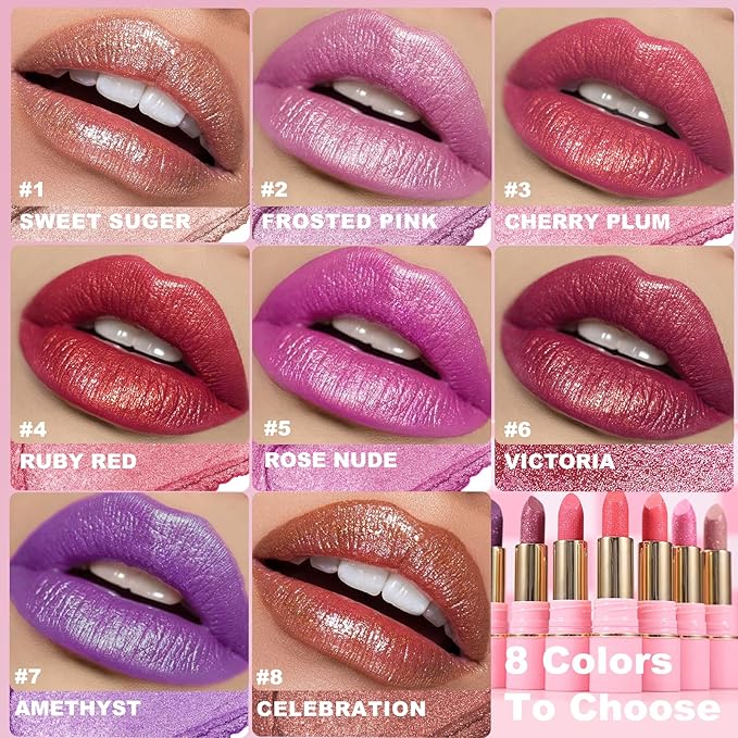 Metallic Lipstick Glitter Lip Stick Long Lasting Waterproof Shine Lip Crayon without Drying or Fading Sparkling High Pigmented Lip Stain Transfer-proof Wear Full Coverage Makeup for Women, 7