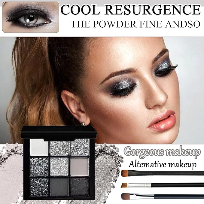 Black Grey Smoky Eyeshadow Palette,15 Colors Matte Shimmer Pigmented Eye Shadow Makeup Palette Set with 3 Eyeshadow Brushes,Glitter Eye Shadow Palette for Daily Halloween Goth Makeup(J)