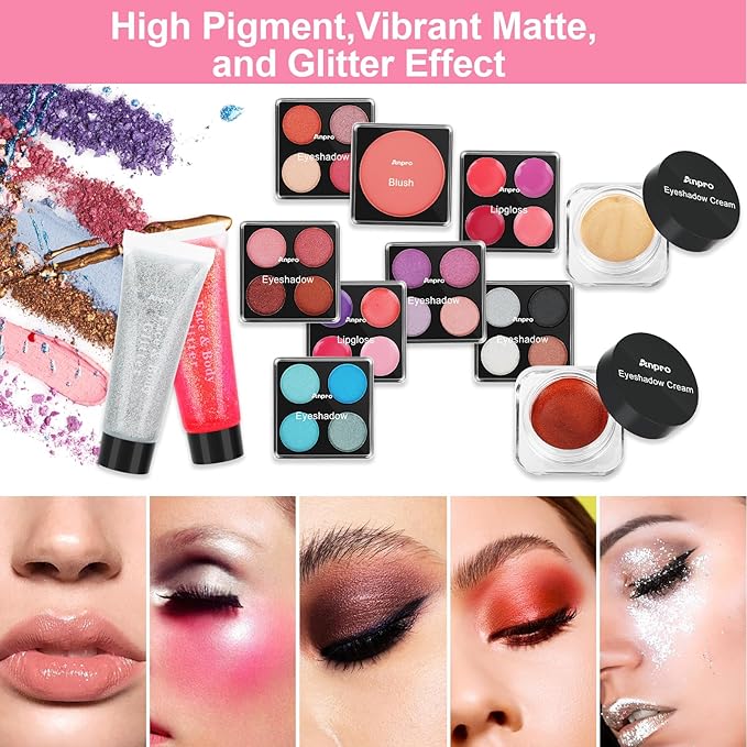 Anpro All-In-One Makeup Carry Case with Pro Teen Makeup Set, Full Starter Cosmetics Kit with Makeup Brushes, Lipsticks, Eye Shadows Palette, Blushes, Glitter Gel-Purple
