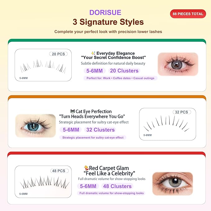 3-Style Self-Adhesive Lower Lash Clusters - 88 Pieces No Glue Needed Bottom Eyelashes Pre-Glued Natural Volume Under Eye Extensions DIY Kit