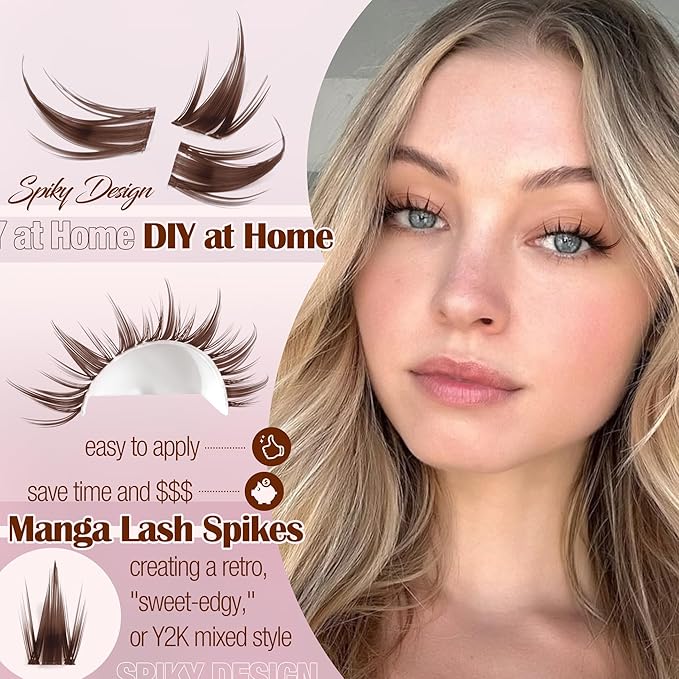 Manga Lash Clusters Kit Brown Eyelash Clusters Fairy Spiky Individual Lashes DIY Lash Extension Kit Dark Brown Lash Extension Clusters Clear Bond and Seal Waterproof and Tweezers (11-17MM, CC-Curly)