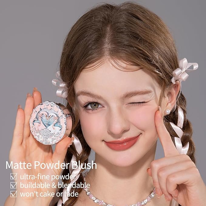 Flower Knows Swan Ballet 8-Piece Makeup Gift Box Set,Matte Lipstick + Shine Lipstick + Blush+ Eyeshadow Palette + Hand Mirror + Hair Clip + Blush Brush +Gift Box,Gift for Women & Girls