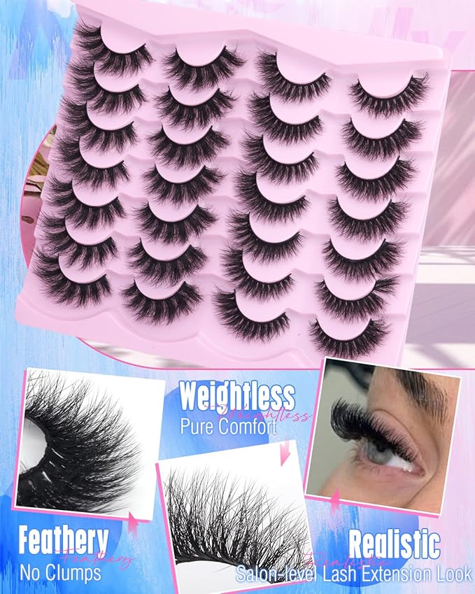 Newcally False Eyelashes Thick Volume Wispy Faux Mink Lashes 8D Volume Long Cat Eye Lashes Dramatic 18MM 2 Styles Mixed Fake Lashes 14 Pairs Pack