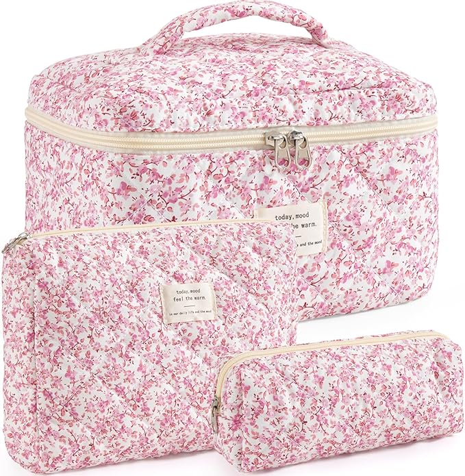 Makeup Bag for Women 3PCS Quilted Cotton Make Up Bag Travel Cosmetic Bag Large Makeup Bag Set Cute Makeups Organizer Floral Toiletry Pouch for Purse, Blush Bloom