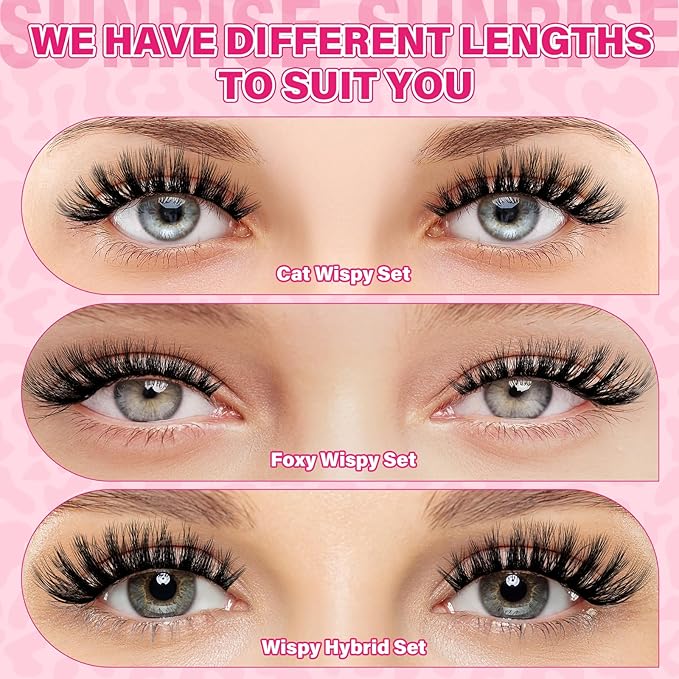 PRO LASHBEAUTY Wispy Lash Clusters Kit with Eyelash Clusters Lash Bond and Seal Eyelash Applictor Lash Remover Lash Extension Kit for Beginner Waterproof Resuable Lashes at Home (Sunrise,8-16mix)