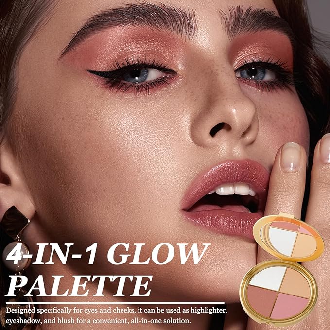 Eye & Cheek Palette - Eyeshadow and Highlighter Makeup, Multifunctional Makeup Palettes Contour Kit, Shimmer Glow Face Highlighter Palette for Women, Natural Glow Contour Powder