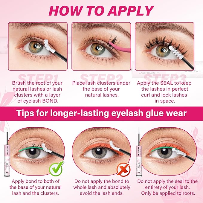 PROLASHBEAUTY Lash Cluster Glue Clear Lash Glue Lash Bond and Seal for Eyelash Clusters 2-3S Fast Drying Waterproof Strong Hold 72H+ Eyelash Glue (10ml, Clear Bond & Clear Seal)