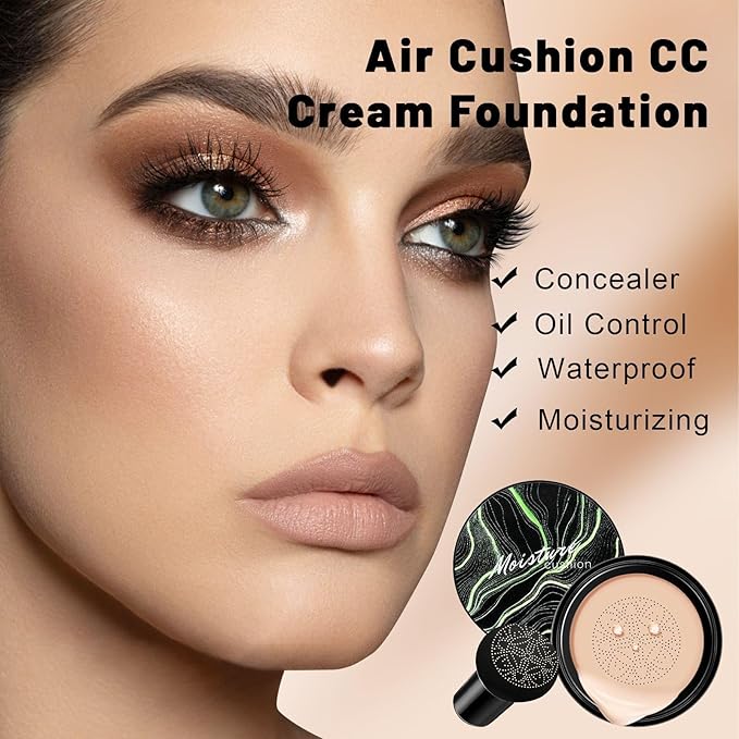 Mushroom Head Air Cushion CC Cream - BB Cream Face Makeup for Mature Skin, Moisturizing Cover Balm Foundation & Long-Lasting Color Correcting Concealer, Even Skin Tone for All Skin (Ivory)