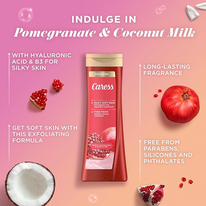 Caress Body Wash for Women, Tahitian Pomegranate & Coconut Milk, Exfoliating Shower Gel for Renewed, Glowing Skin, 20 fl oz, 4 Pack