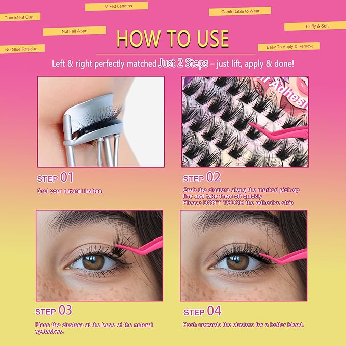 JoMay Self-Adhesive Eyelashes, Press on Lashes No Glue Needed, Glueless Pre-Glued D Curl Cluster Lashes for Beginners, No Residue, Pre-Separated L/R Eye, 1-Step DIY, 120PCS (X10)