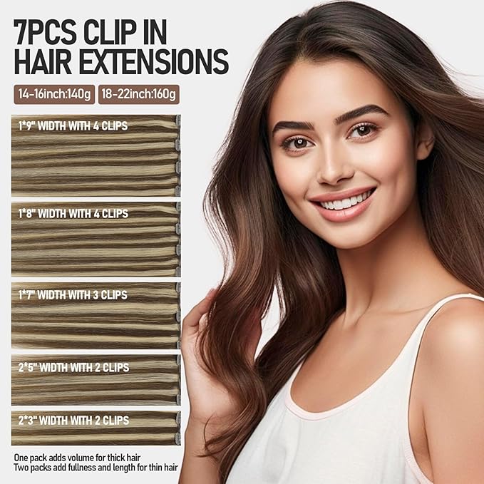 VINBAO Clip in Hair Extensions Real Human Hair Highlights 20In 160G Full Head Clip in Hair Extensions Brown Mix Honey Blonde Straight Remy Hair 7Pcs Thick End (#HC4P27,20'')