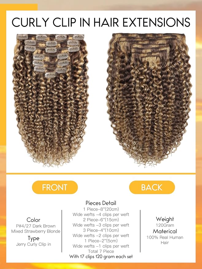 Caliee 18Inch Human Hair Jerry Curly Clip in Hair Extensions Highlight Piano Dark Brown Mixed with Strawberry Blonde for Women 3B 3C Curly Clip ins Real Remy Human Hair Extensions #P4/27 120G 7Pcs