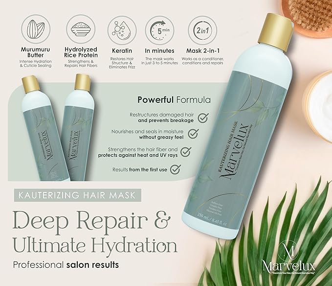 MARVELUX hair care kit with onion shampoo and cauterizing mask: complete system to strengthen hair, deep repair treatment for damaged hair, sulfate-free, growth and shine (250 ml, onion).