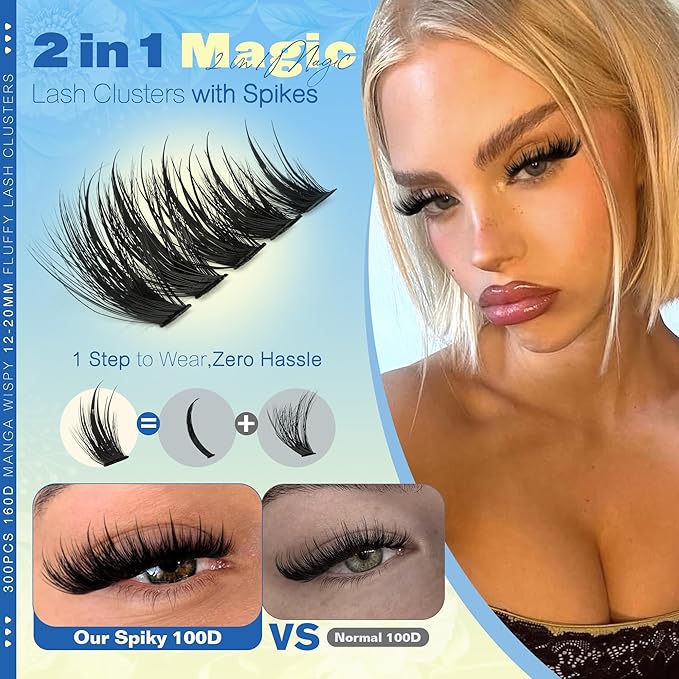 JIMIRE Manga Fairy Lash Clusters Volume Eyelash Clusters with Lash Spikes 300Pcs Wispy Cluster Eyelash Extensions 12-20MM Fluffy Individual Lashes Clusters Easy to Apply DIY Lash Extension at Home