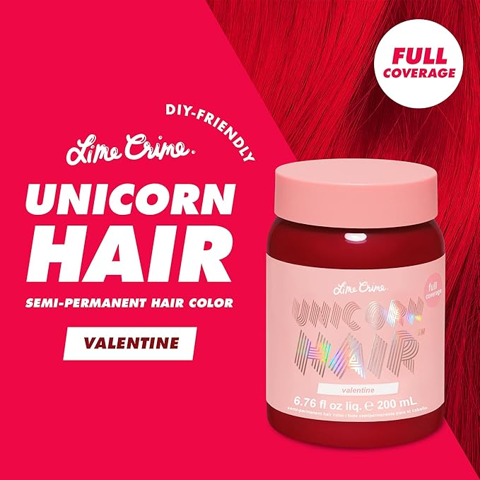 Lime Crime Unicorn Hair Dye Full Coverage, Valentine (Crimson Red) - Vegan and Cruelty Free Semi-Permanent Hair Color Conditions & Moisturizes - Temporary Red Hair Dye With Sugary Citrus Vanilla Scent