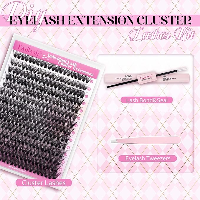 FADLASH Lash Extension Kit DIY Natural Lash Clusters Kit 40D D Curl Eyelash Clusters Individual Eyelash Extension Kit with Lash Bond and Seal Lash Tweezers for Self Use (40D-0.07D-12-18MIX KIT)