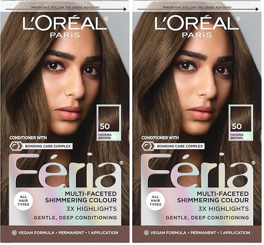 L'Oreal Paris Feria Multi-Faceted Shimmering Permanent Hair Color, 50 Havana Brown (Medium Brown), Pack of 2, Hair Dye