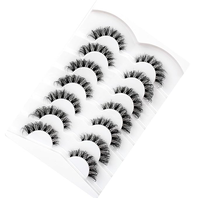 Pooplunch False Eyelash Cat Eye Wispy Lashes D-Curl Extension Volume Natural Wispies Short Clear-Band Fake Eyelashes Faux Mink Lashes Strips 7 Pairs Pack