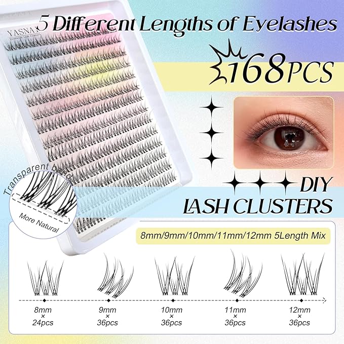 Lash Clusters Natural Look Wispy C Curl Lash Extensions, Natural Lash Clusters Clear Band 8-12MM 168pcs DIY Eyelash Extension, Yasnai Individual Eyelash Clusters DIY at Home