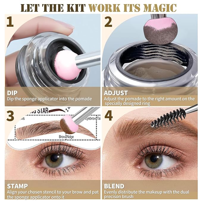 Eyebrow Stencils, Eye Brow Stencil Kits Waterproof Brow Stamp Perfect Eyebrows, Eyebrow Stamp Trio Kit with Sponge Applicator Smudge-proof for Women With 10PCS Eyebrow Shaping Kit, Light Brown