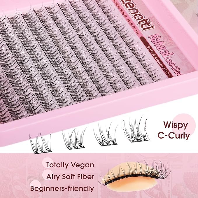 Natural Lash Clusters Kit Wispy Eyelash Clusters Kit Natural Lash Extension Kit C-Curly Individual Lashes Short Eyelash Extensions with Lash Bond and Seal and Eyelash Tweezers 9-12MM 144PCS by zenotti