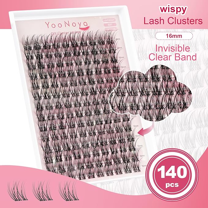 Wispy Lash Clusters 140 Pcs 16mm Mix Eyelash Clusters C Curl Cluster Eyelash Extensions Natural Wispy Cluster Lashes Reusable Individual Invisible Band Lash clusters (QX-16mm)