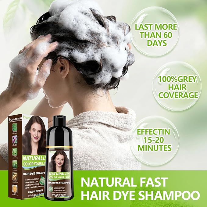 Brown Hair Dye Shampoo for Women & Men, 15 Min Gray Coverage, 3 in 1 Semi-Permanent Color with Natural Herbal Ingredients, Lasts 60 Days
