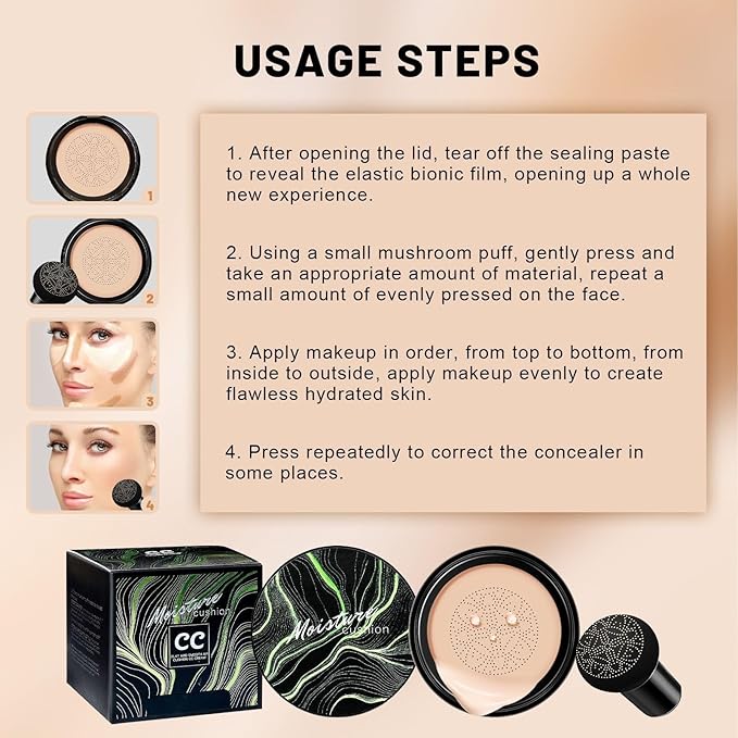 Mushroom Head Air Cushion CC Cream - BB Cream Face Makeup for Mature Skin, Moisturizing Cover Balm Foundation & Long-Lasting Color Correcting Concealer, Even Skin Tone for All Skin Types (Nude)