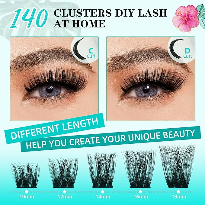 Lash Clusters Wet Look 140Pcs Fluffy Eyelash Cluster Ultra-Thin Lash Band Eyelashes Extensions Spiky Anime Wide Span Lashes(Sunflower,D-14mm)