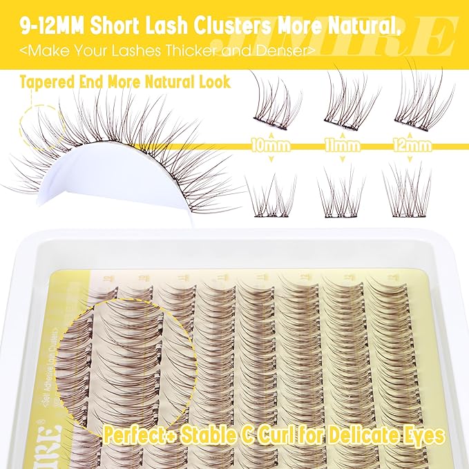 JIMIRE Brown Self-Adhesive Eyelashes Press on Lashes Clusters, Natural Look Pre-Glued Lash Clusters No Glue Needed Wispy 10-12MM Individual Lashes Brown Cluster Eyelash Extensions