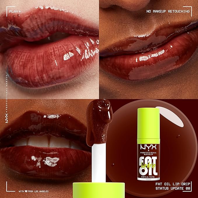 NYX PROFESSIONAL MAKEUP Fat Oil Lip Drip, Moisturizing Lip Oil Gloss, Vegan Tinted Formula, Up to 12 HR Hydration - Status Update (Rich Chocolate)