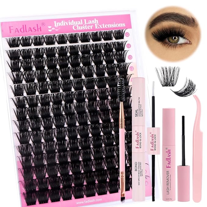 FADLASH DIY Lash Extension Kit Individual Lashes Cluster D Curl Eyelash Extension Kit D Curl Lash Clusters Lash Applicator Tool for Self Application at Home(KIT 200D-D-12-18mm)